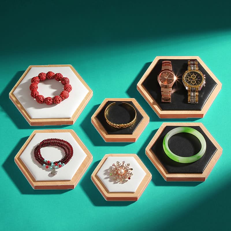 Hexagonal Bamboo & Wood Jewelry Display Tray Set
