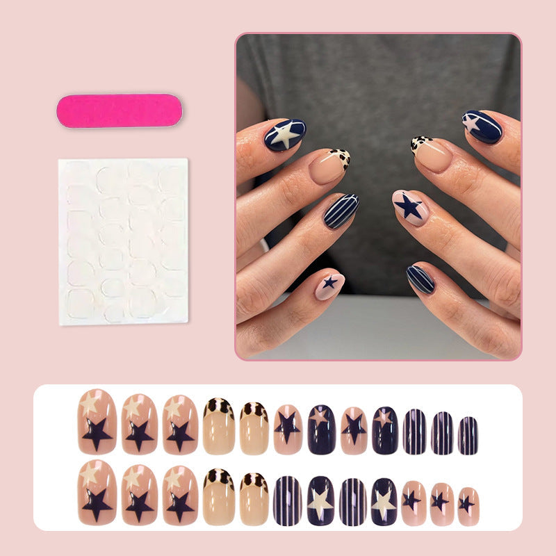 Navy Star & Stripe Oval Press-On Nails – Bold Leopard Print Nail Art