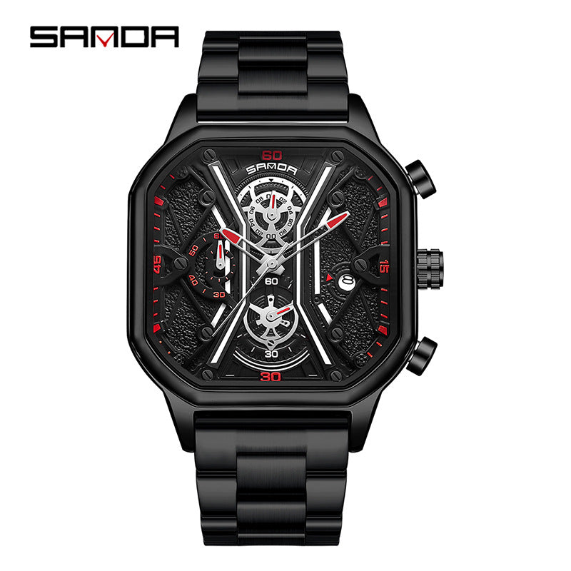 SANDA Men's Square Quartz Watch – Luminous Calendar Waterproof Stainless Steel Strap