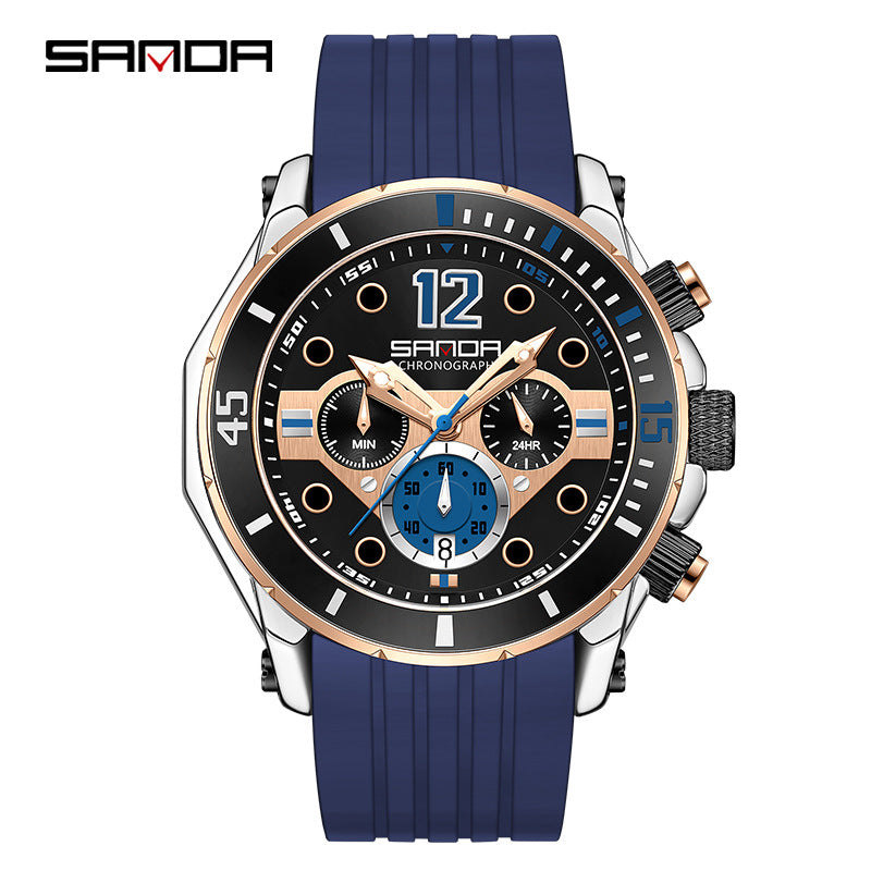 SANDA Luminous Men’s Quartz Watch – Silicone Strap with Calendar, 30M Waterproof
