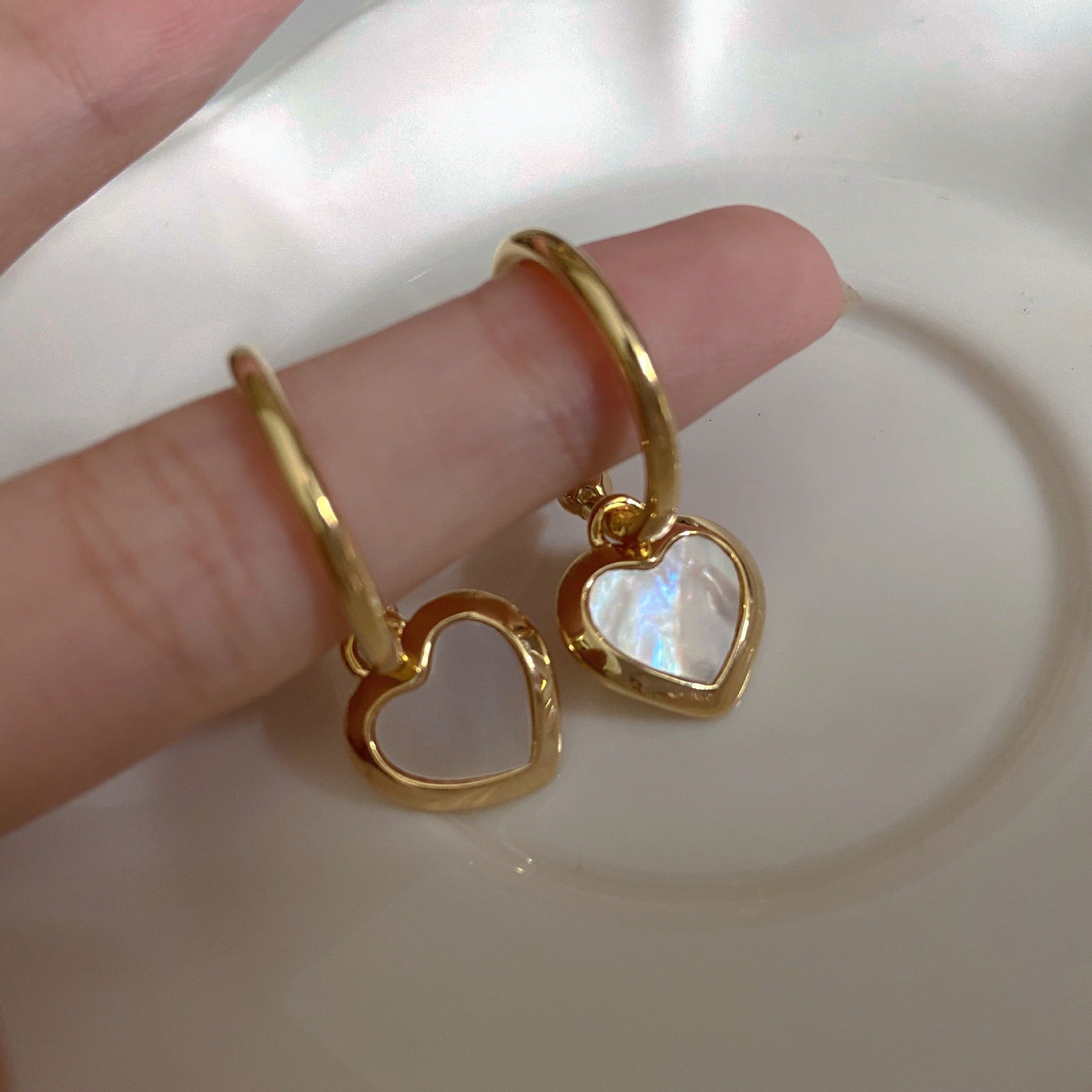 Mother-of-Pearl Heart Earrings – French Retro Brass Jewelry