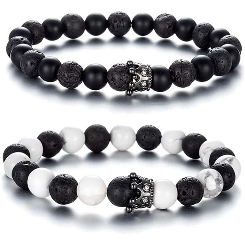 Unisex Crown Beaded Bracelet Set – Volcanic Stone Bracelets for Couples
