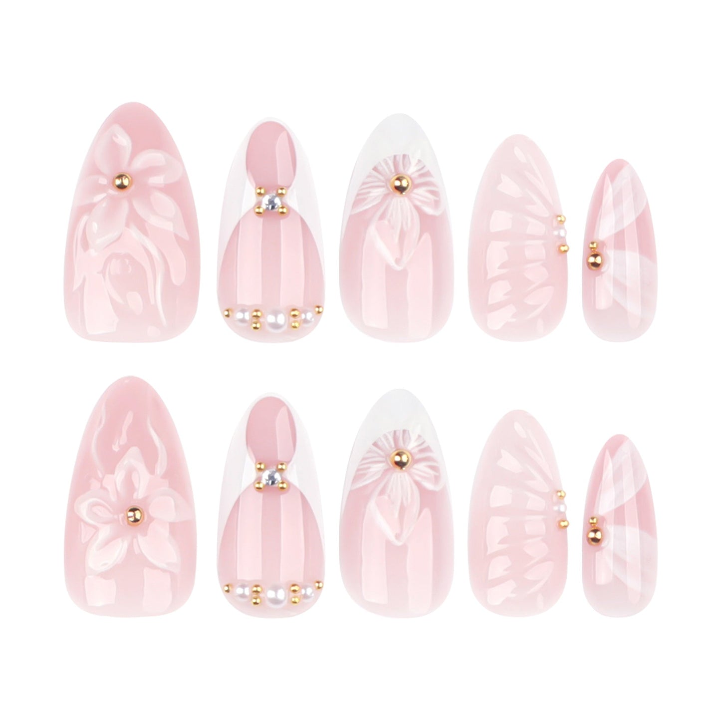 3D Floral Almond Press-On Nails – Elegant Nude White Acrylic Nails
