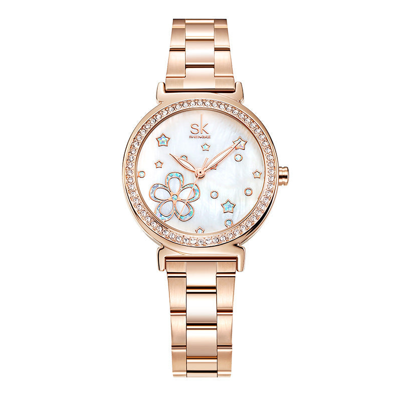 SK Women’s Diamond Quartz Watch – Stainless Steel Strap, Round Dial, 30M Waterproof