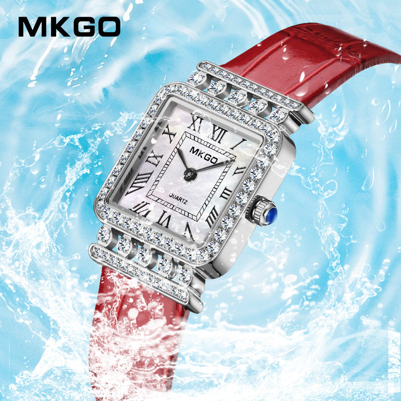 MKGO Luxury Women’s Square Quartz Watch with Diamonds – Roman Scale Leather Strap