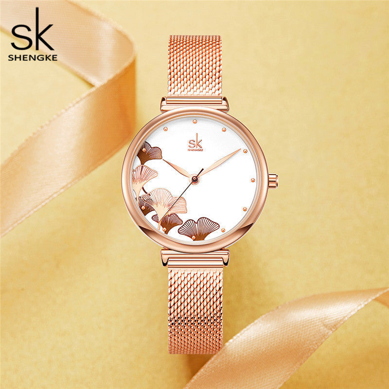 SK Women’s Quartz Watch – Ginkgo Leaf Dial, Steel Mesh & Leather Strap, 30M Waterproof