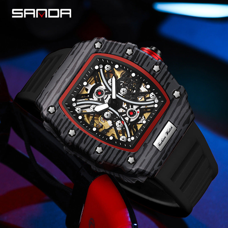 Sanda Men’s Barrel-Shaped Automatic Mechanical Watch – Luminous Hollow Dial