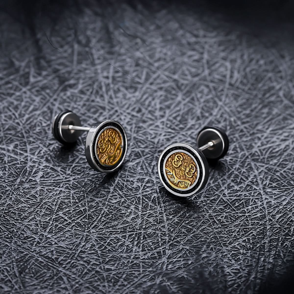 Men’s Vintage Coin Stud Earrings – Gold-Tone Embossed Design