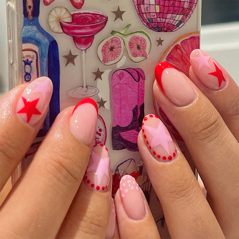 Red Star French Tip Press-On Nails – Trendy Oval Abstract Nail Art