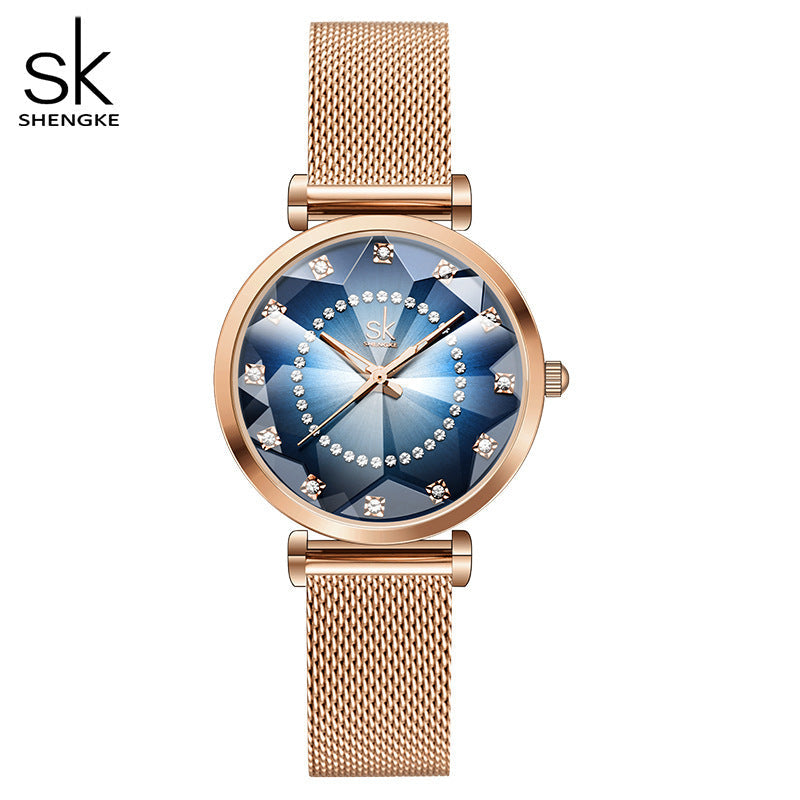 SK Women’s Quartz Watch – Round Dial, Stainless Steel Mesh Strap, Waterproof Fashion Wristwatch