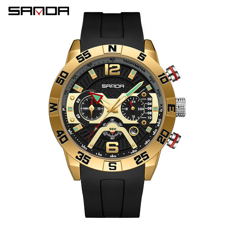 SANDA Men’s Silicone Quartz Watch – Three-Eye Six-Needle Waterproof Fashion Timepiece