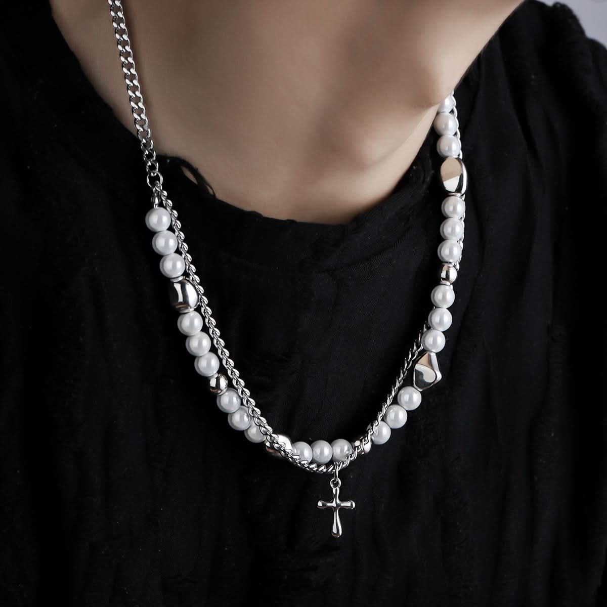 Men’s Trendy Pearl Cross Necklace – Layered Jewelry