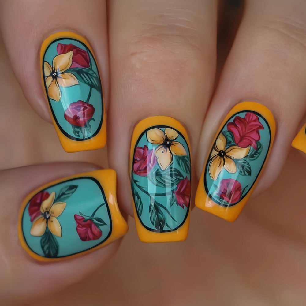 Bold Floral Square Press-On Nails – Long Acrylic False Nails with Yellow & Teal Design