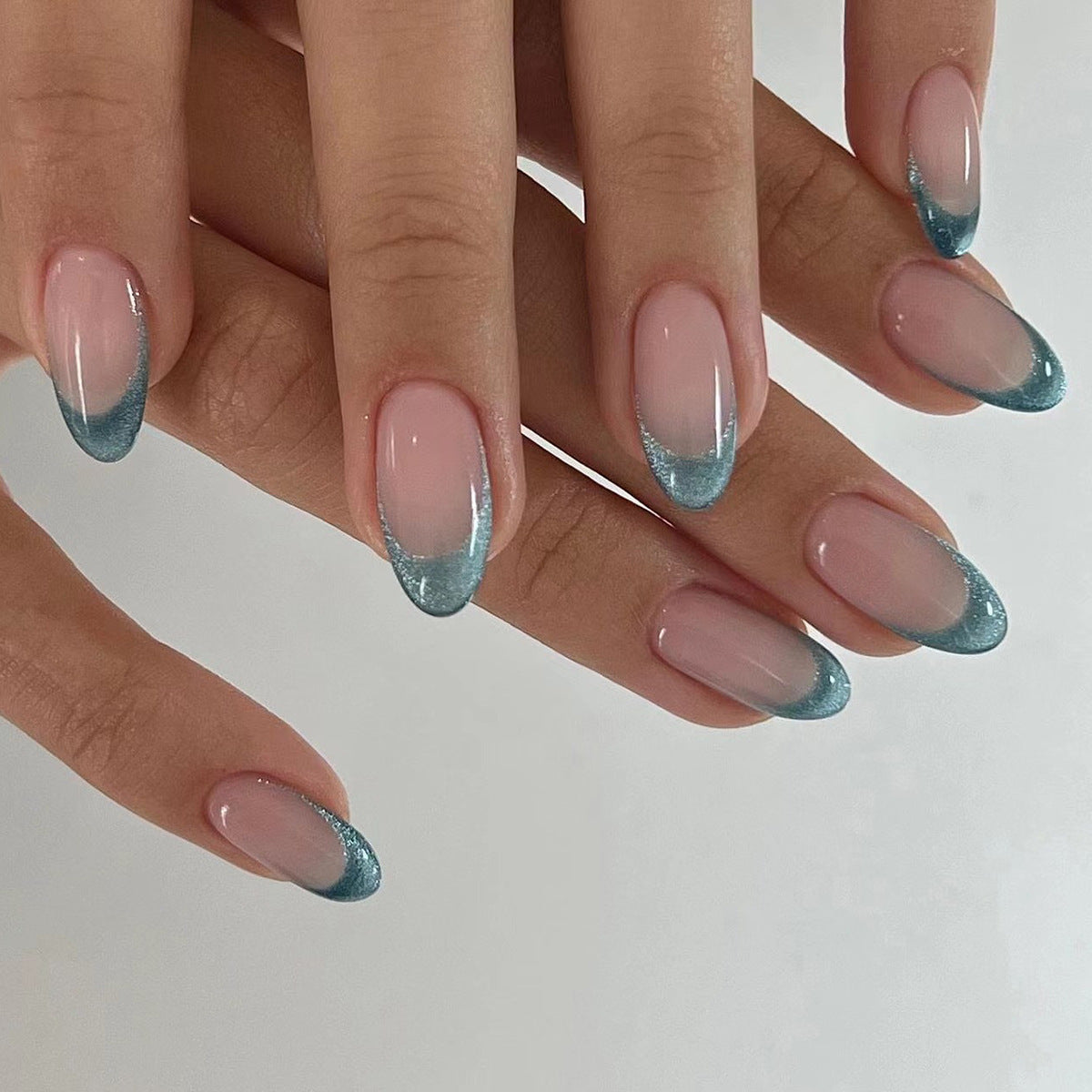 Cat Eye Teal French Tip Press-On Nails – Almond Shape, Shimmery Gradient Nails