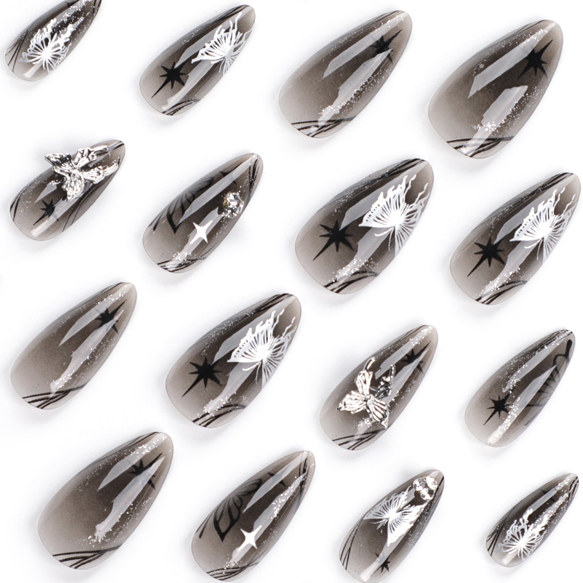 Celestial Glam Stiletto Press-On Nails – Long Nude Black with Silver Butterflies & Stars