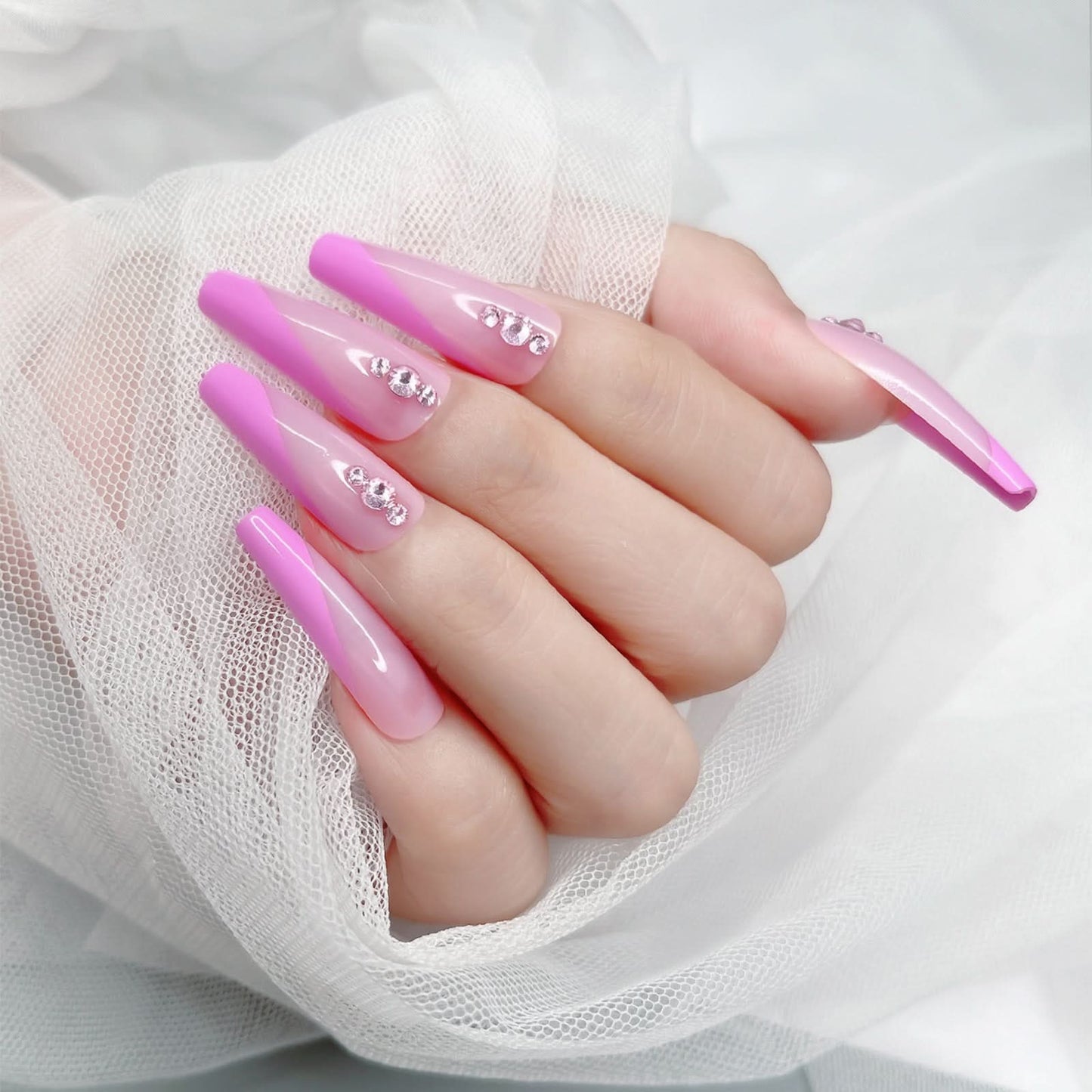 Extra-Long Coffin Press-On Nails – Glossy Pink Angled French Tip