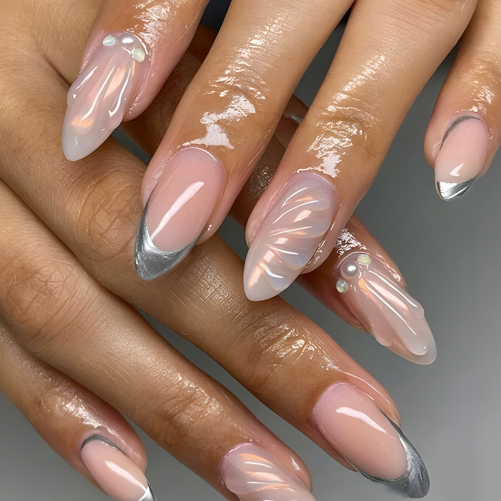 Silver-Edged French Stiletto Press-On Nails – Acrylic Tips with Pearl & Swirl Details