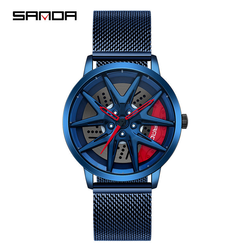 Sanda Men’s Quartz Watch – Wheel Series Dial, Mesh Strap, Waterproof Fashion Timepiece