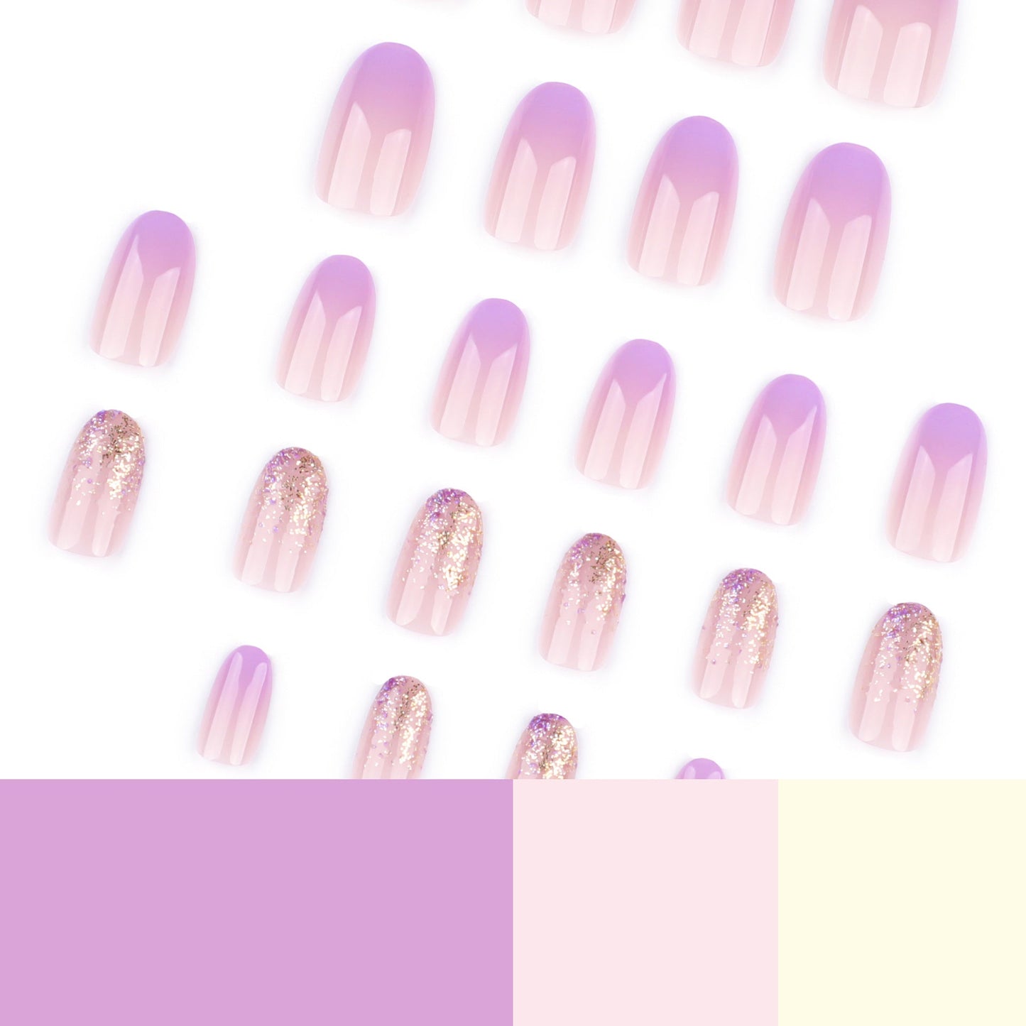 Purple Gradient Ombre Press-On Nails with Gold Glitter - Elegant Oval Glue-On Acrylic Set