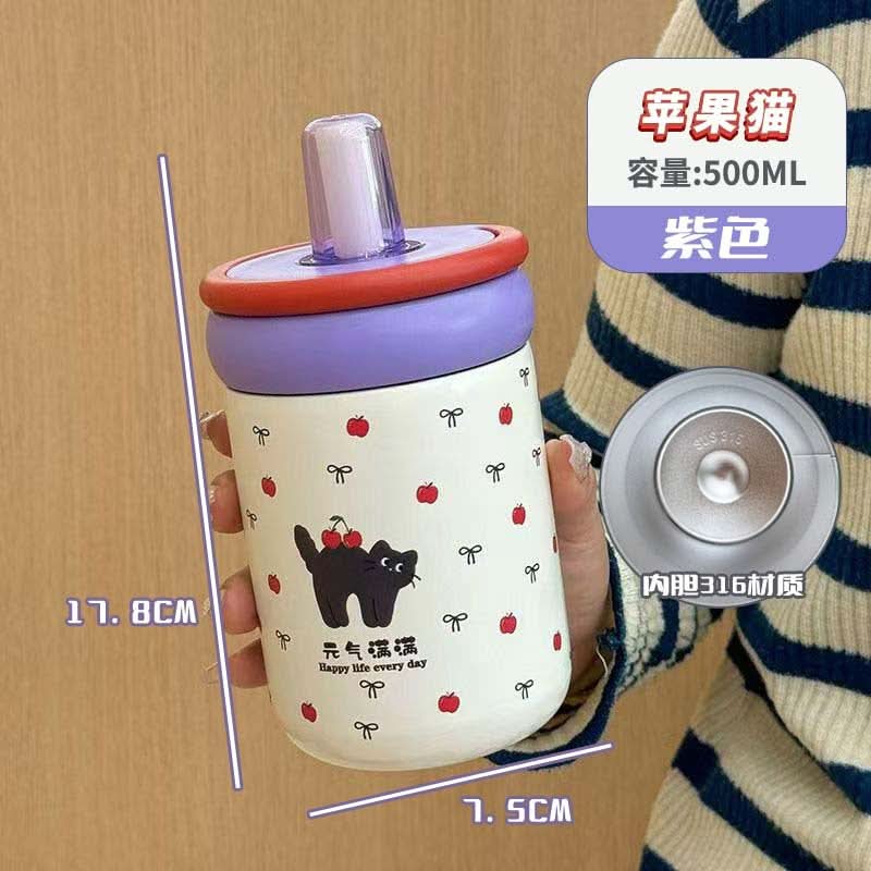 Cute Cat Stainless Steel Thermos Cup – 500ml Insulated Water Bottle with Straw
