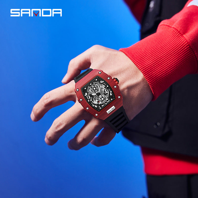SANDA Men's Barrel-Shaped Quartz Watch – Calendar Waterproof Fashion Casual Strap