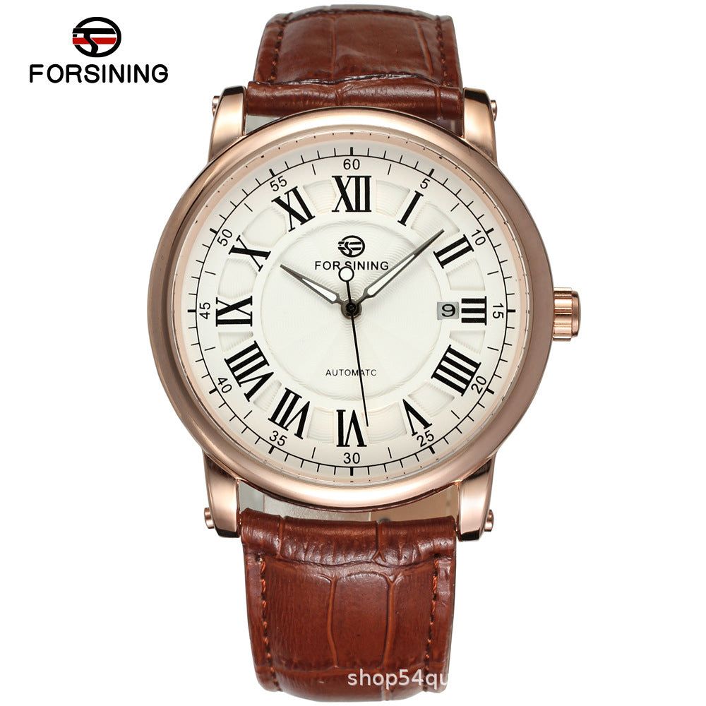 Men’s Automatic Mechanical Watch – 44mm Calendar Dial, Waterproof Leather Strap