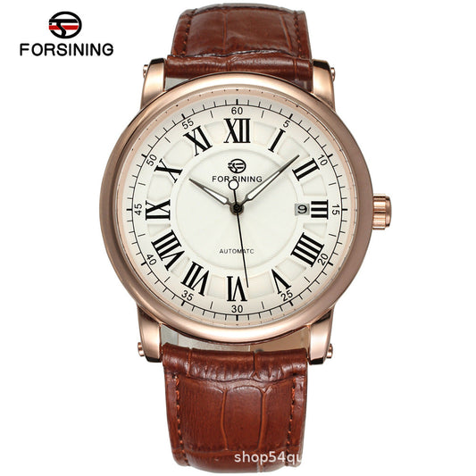 Men’s Automatic Mechanical Watch – 44mm Calendar Dial, Waterproof Leather Strap