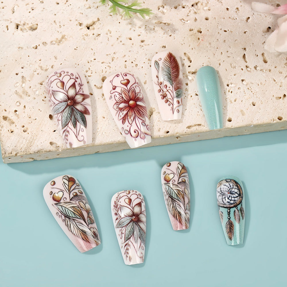Long Almond Press-On Nails – Bohemian Floral & Butterfly Acrylic Nail Art Set (24pcs)