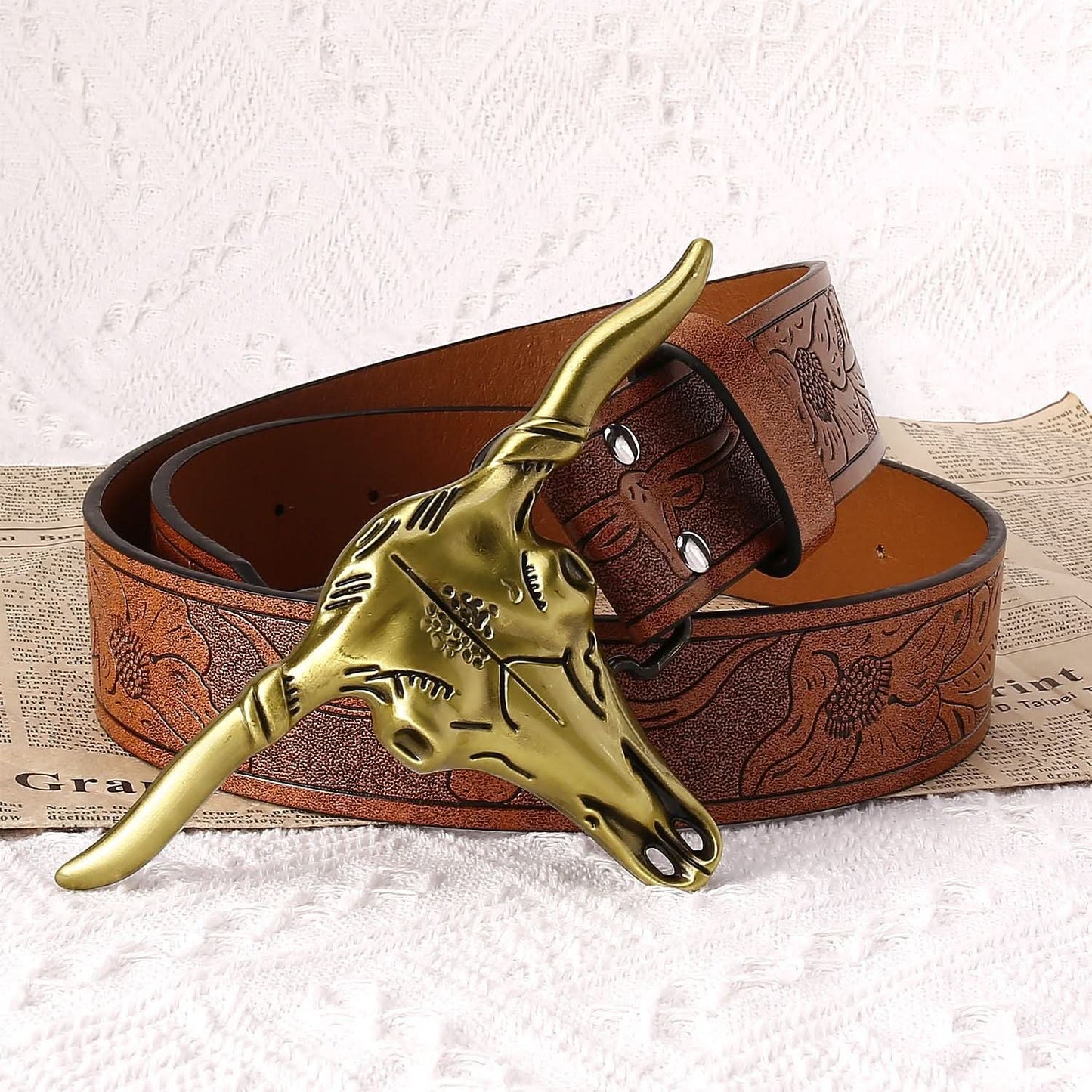 Men’s Leather Belt with Longhorn Skull Buckle