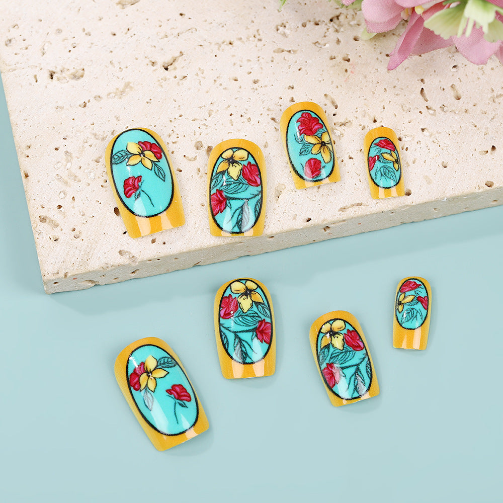 Bold Floral Square Press-On Nails – Long Acrylic False Nails with Yellow & Teal Design
