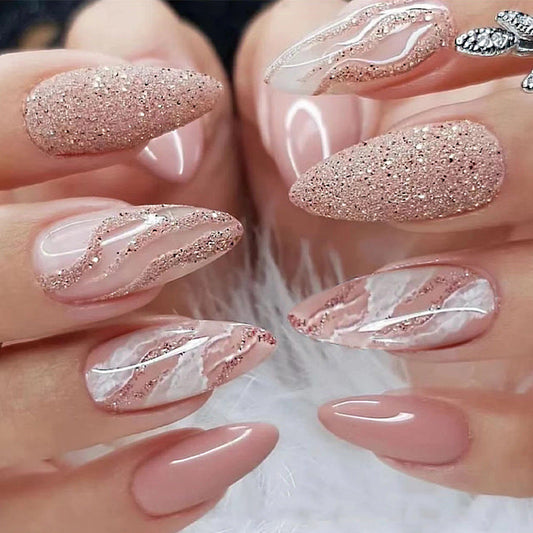 Elegant Nude Glitter Press-On Nails – Medium Almond Marble & Swirl Glue-On Nail Tips