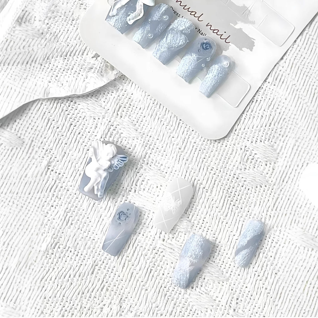 3D Angel Press-On Nails – White Coffin Acrylic Nail Set with Snowflake & Floral Accents