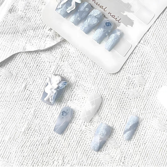3D Angel Press-On Nails – White Coffin Acrylic Nail Set with Snowflake & Floral Accents