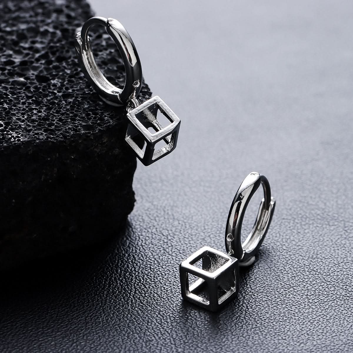 Men’s Square Punk Geometric Earrings – Silver Alloy Hip-Hop Earrings