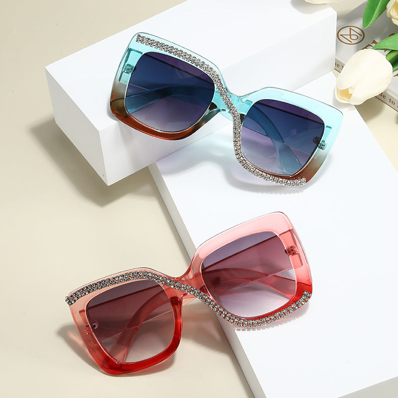 Women’s Oversized Box Sunglasses – UV400 Light-Tinted Fashion Shades with Rhinestones
