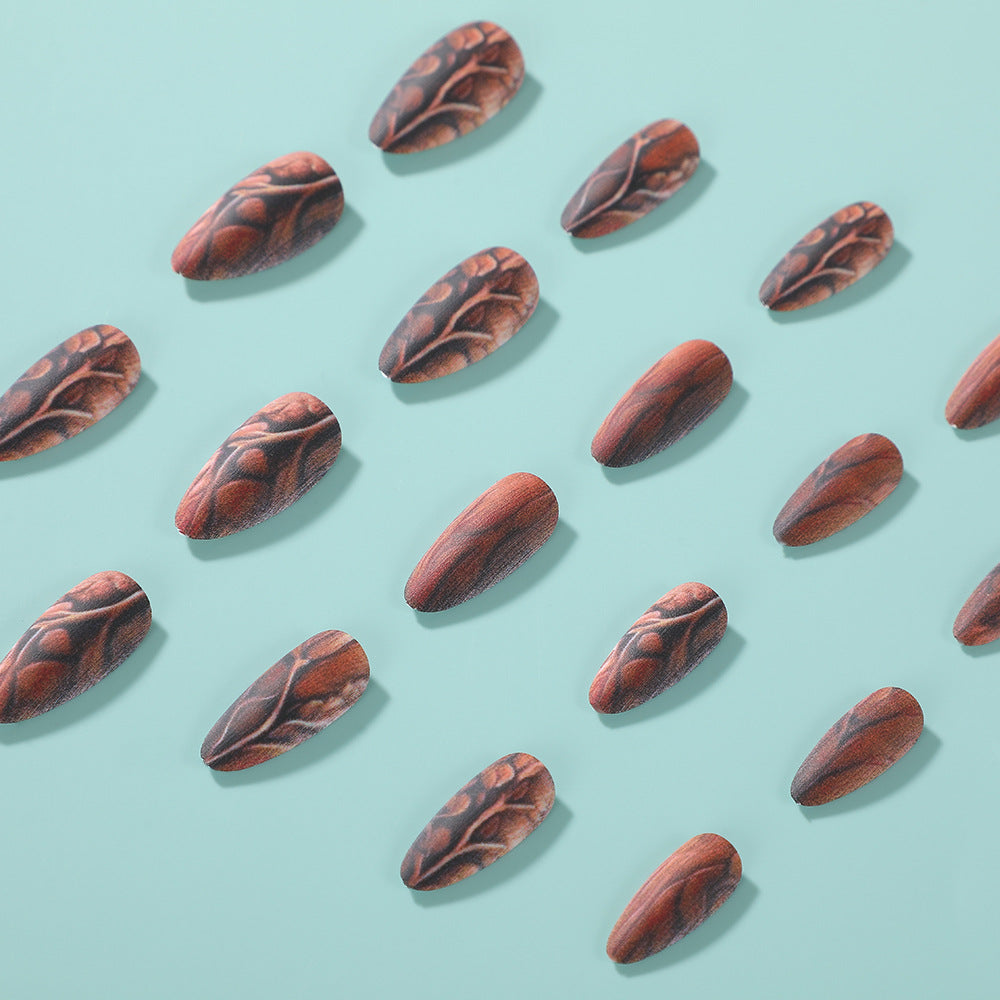 Long Stiletto Press-On Nails – Matte Wood Grain Acrylic Nail Art Set
