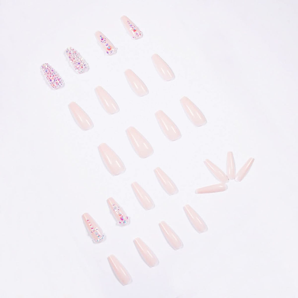 Nude Long Ballet Press-On Nails – 24-Piece Rhinestone Nail Art Set