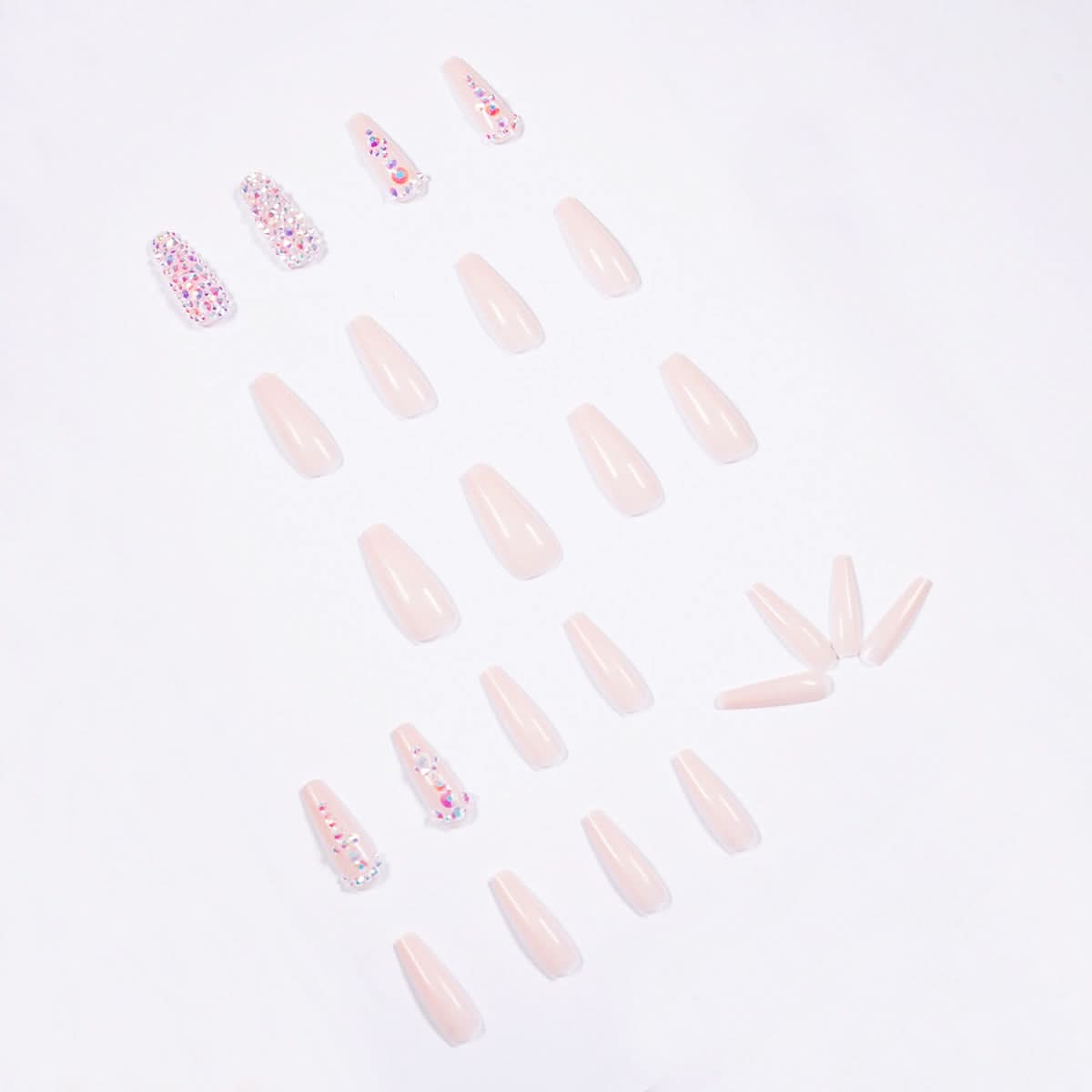 Nude Long Ballet Press-On Nails – 24-Piece Rhinestone Nail Art Set
