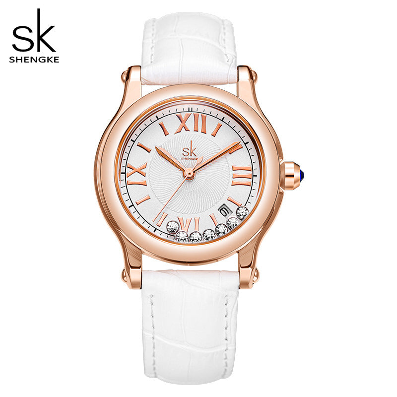 SK Women’s Quartz Watch – Elegant Round Dial, Leather Strap, 30M Waterproof Wristwatch