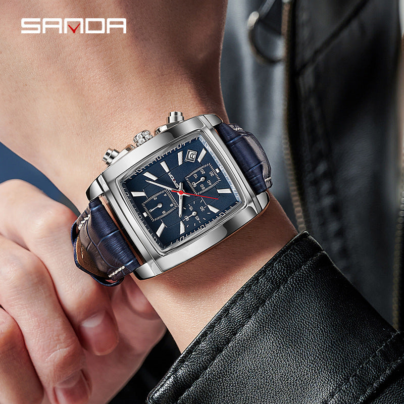 SANDA Men’s Quartz Square Watch – Leather Strap Business Watch with Calendar, Waterproof