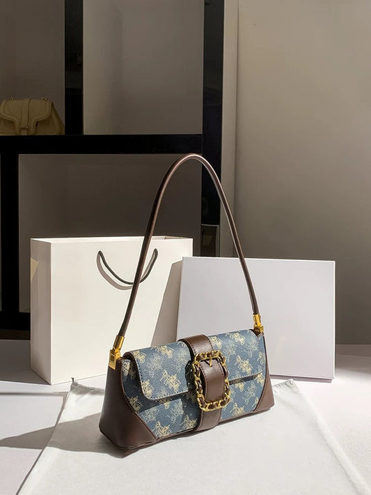 Vintage Horse & Carriage Pattern Shoulder Bag – PU Underarm Handbag for Women