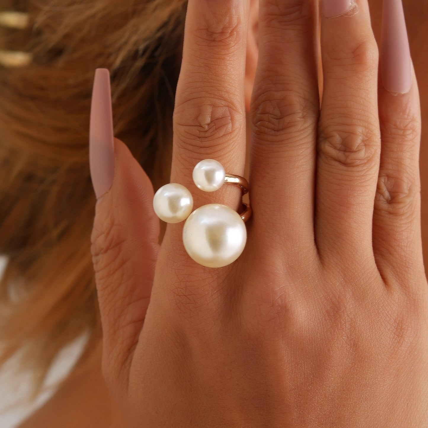 Triple Pearl Gold Ring – Elegant Alloy Adjustable Women’s Jewelry