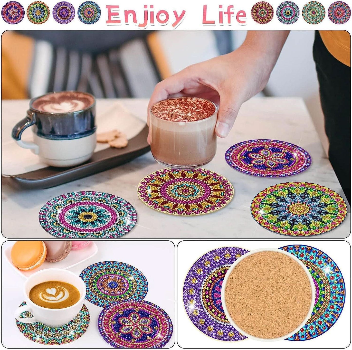 8-Piece DIY Diamond Painting Coasters - Mandala Blue & White Porcelain Design