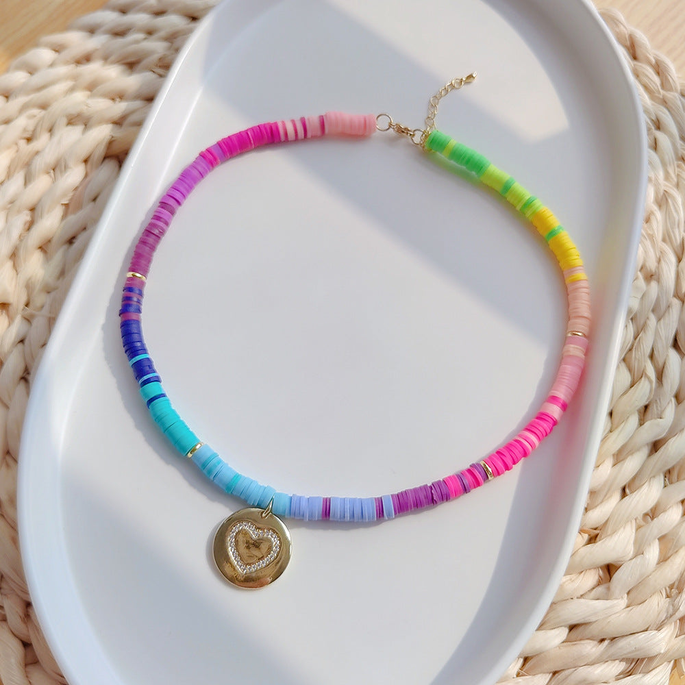 Bohemian Rainbow Heart Necklace – Colorful Soft Clay Pendant Jewelry for Women