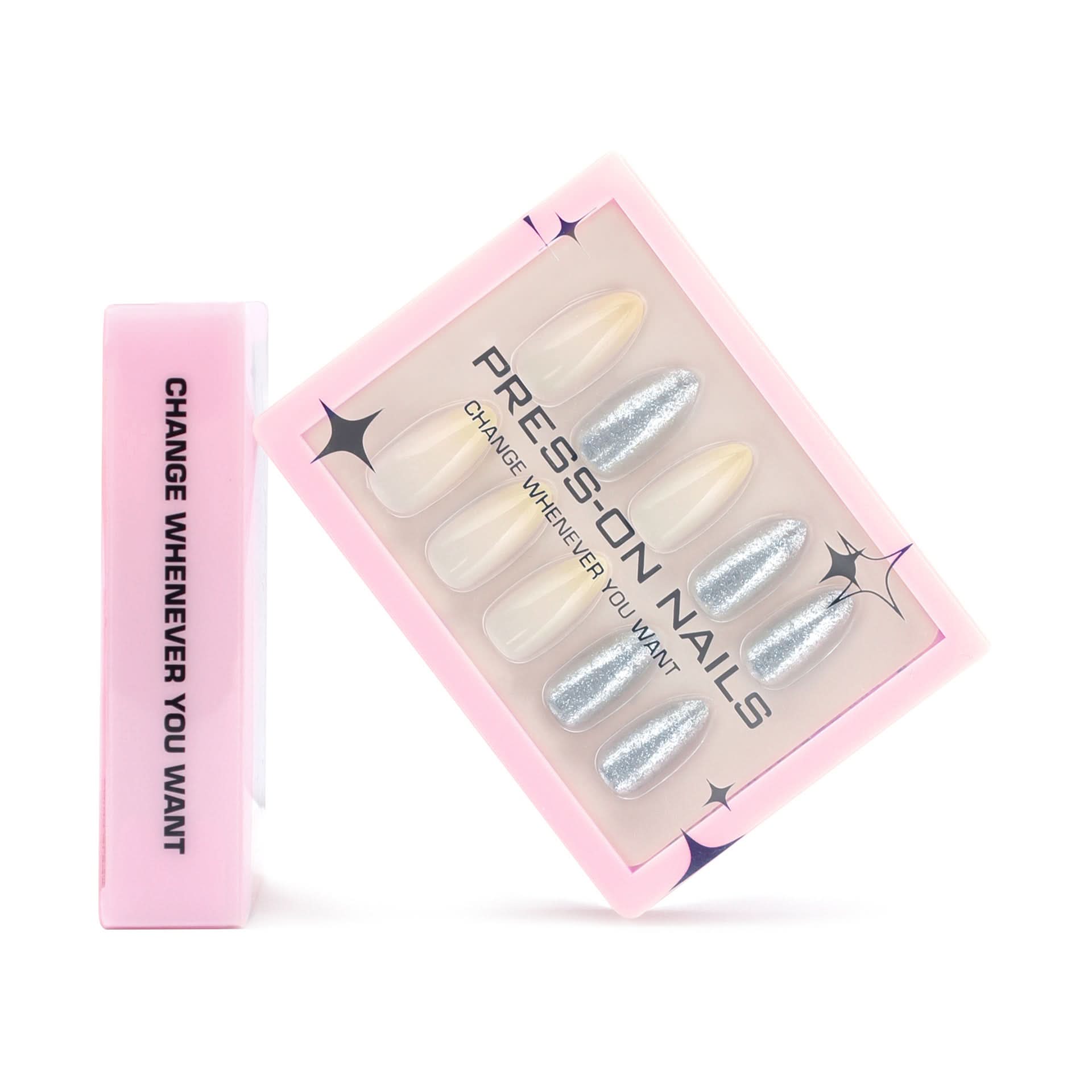 Silver Glitter Gradient Press-On Nails – Almond-Shaped False Nails