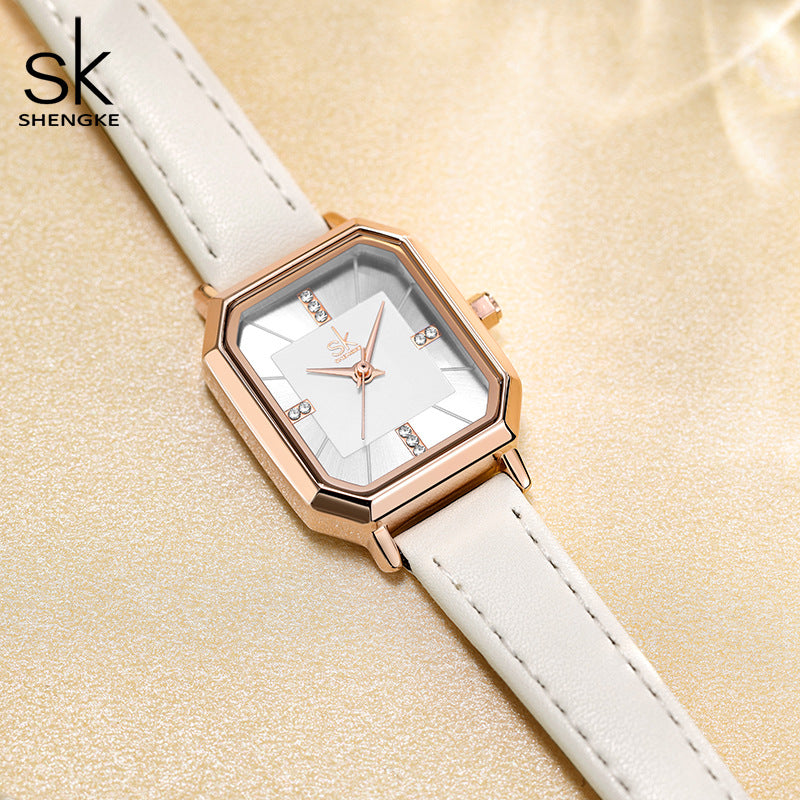 SK Women’s Square Dial Quartz Watch – Retro Diamond Accent, Waterproof Fashion Strap