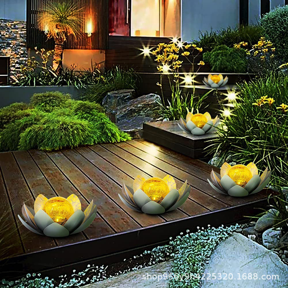 Solar Lotus Garden Light – Iron & Glass Crackle Ball Outdoor Landscape Lamp