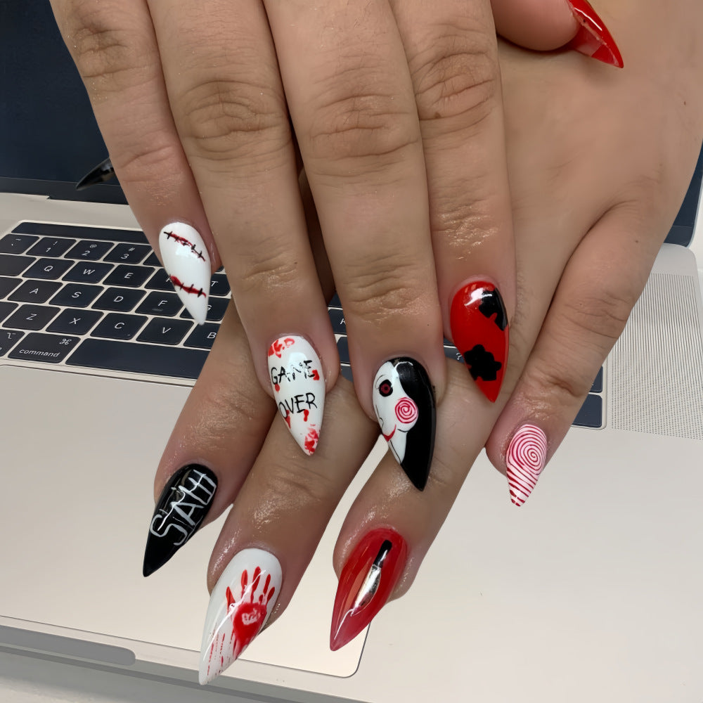 Halloween Stiletto Press-On Nails – Glue-On Nails with Blood Splatter & Character Art