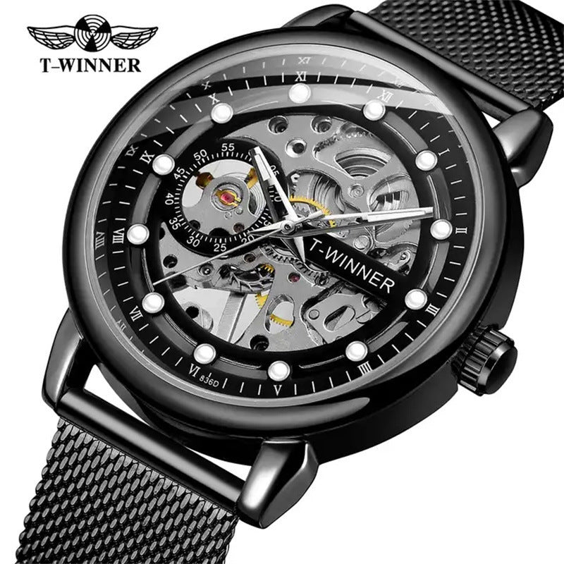 T-Winner Men’s Hollow Mechanical Watch – Mesh Strap, 30M Waterproof, Fashion Casual