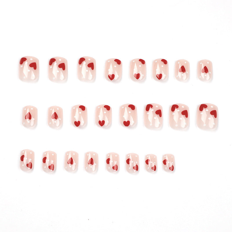 Red Heart Polka Dot Press-on Nails – Cute Square Acrylic False Nails, Glossy Finish